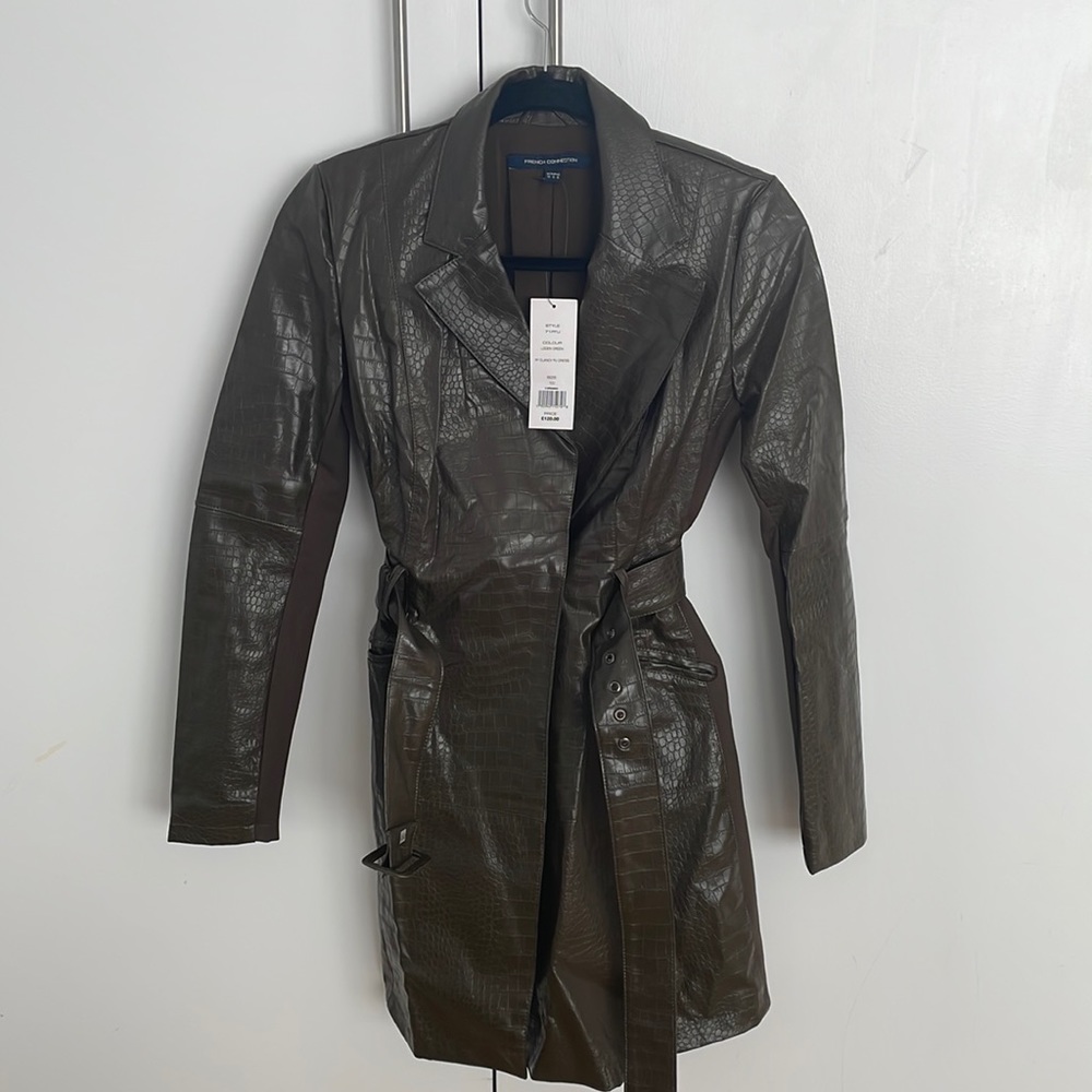 bcbg faux leather coat trench olive belted green nwt